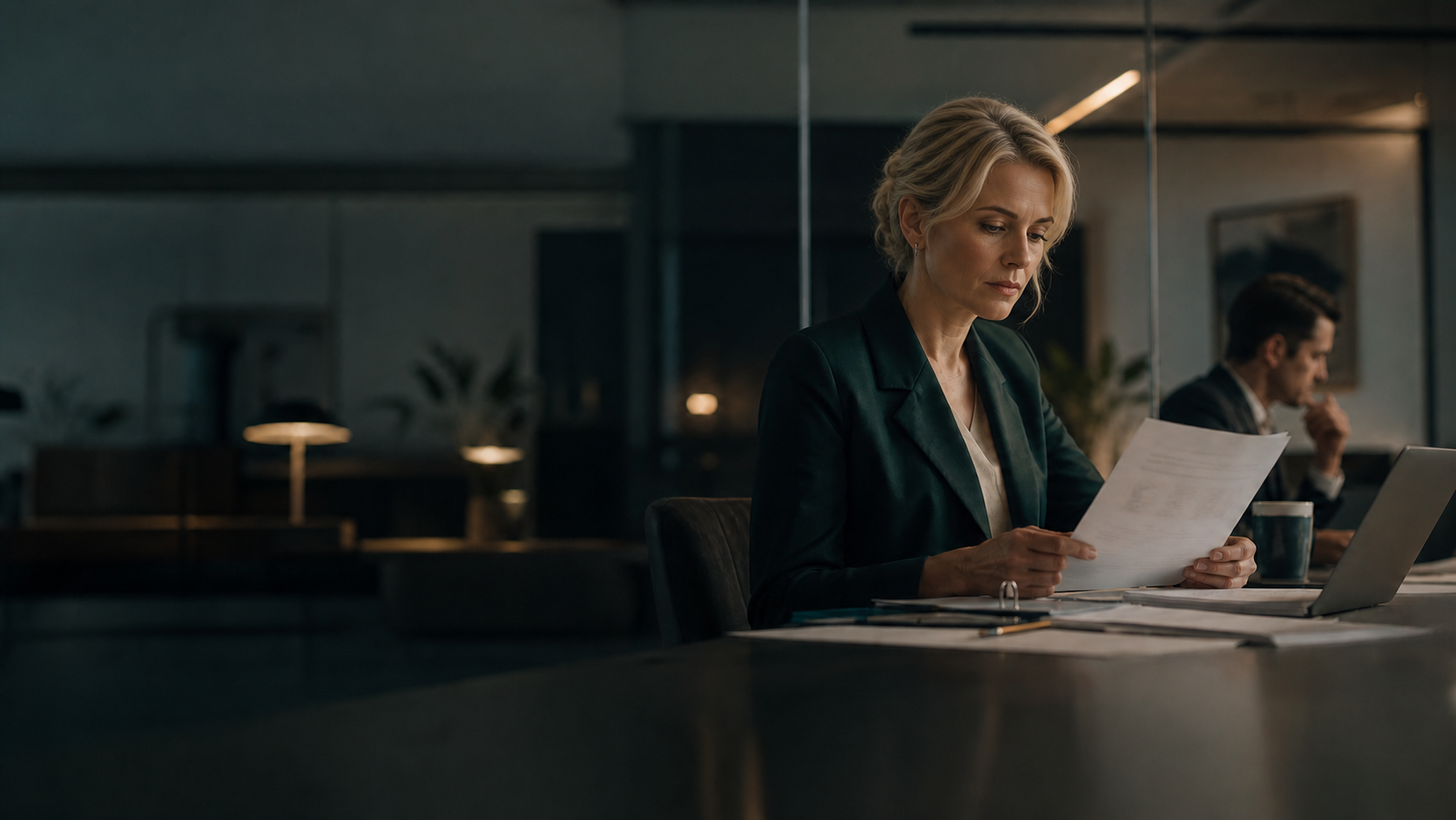 Compliance specialists reviewing evidence documents in a quiet workspace